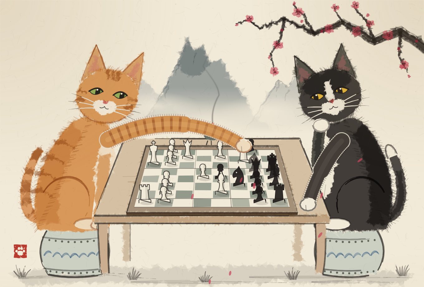 An orange tabby and a black tuxedo cat, painted in Chinese ink-wash style, play chess at a low table beneath a plum branch